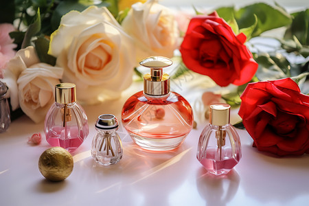 浪漫香水桌子上的香水和花束背景