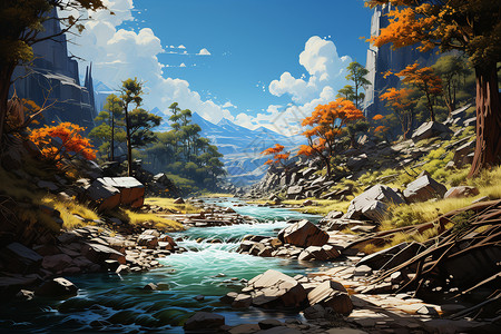 山脉中的河流油画图片