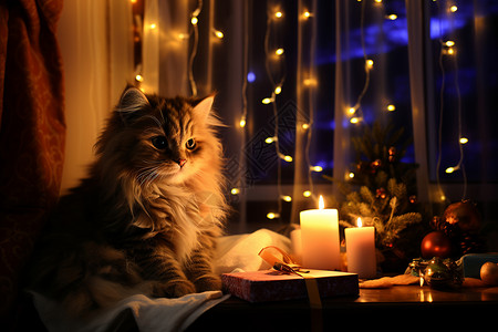 房间内的猫咪和蜡烛背景图片