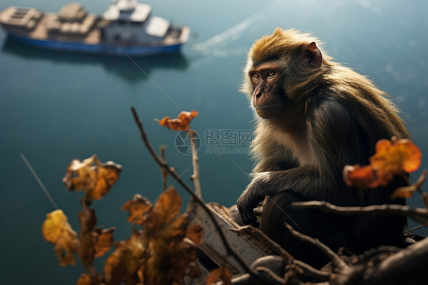 岸边岩石上的小猴子图片