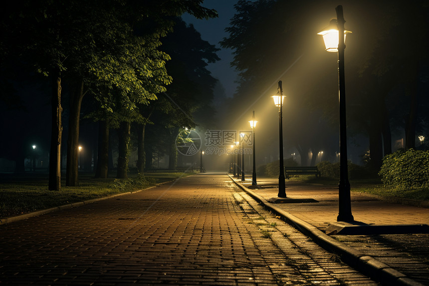 夜晚街道上的路灯图片