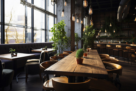 餐厅内的植物和桌椅背景图片