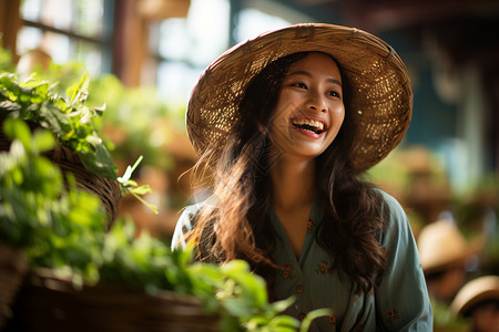 开心采茶的女人图片