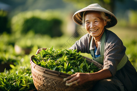 拿着竹筐采茶的农民图片