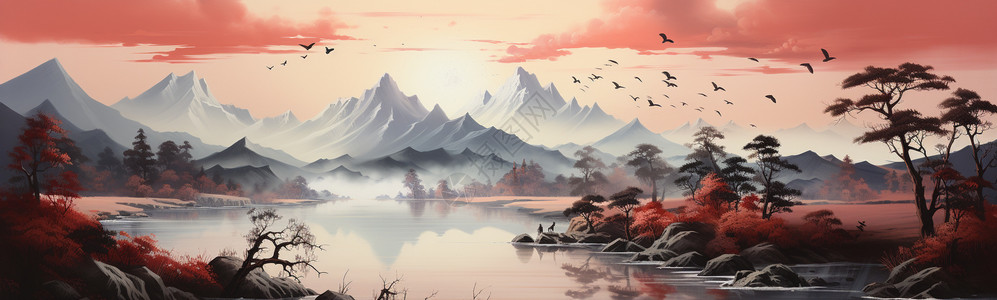 景色秀丽山湖山湖飞鸟晚霞的风景画插画