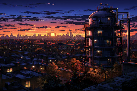 夜幕城市的水塔图片