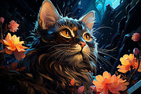 花丛中的可爱猫咪背景图片
