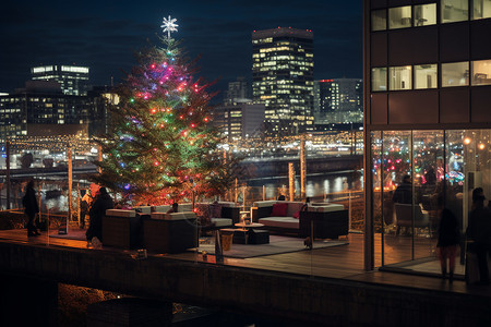 夜晚之城的圣诞树背景图片