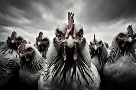 黑白色的鸡群照片高清图片