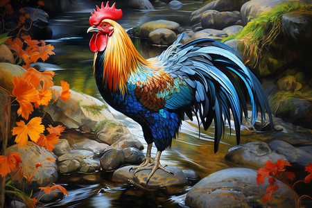 溪流旁的公鸡背景图片