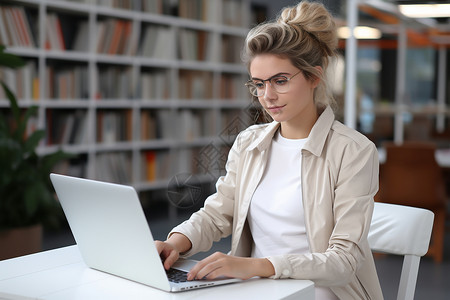 便携电脑图书馆用电脑工作的女人背景