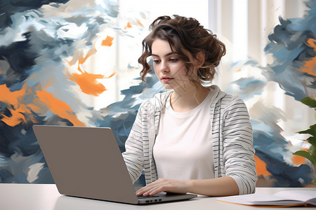 女性用笔记本电脑工作背景图片