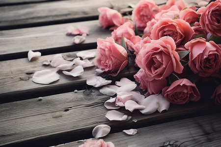 木板上浪漫的粉色玫瑰图片