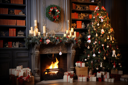 壁炉旁的圣诞树和礼物背景图片