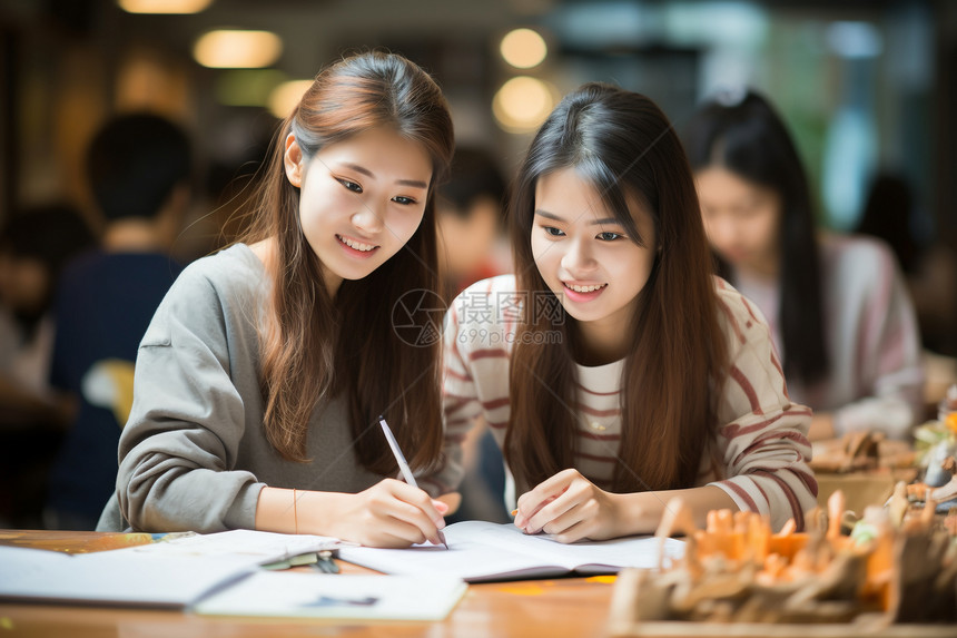 女孩在桌前写字图片