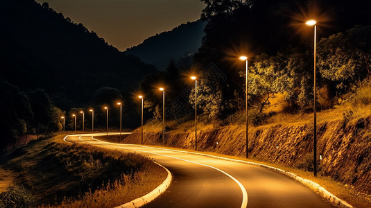 夜晚公路上的路灯图片