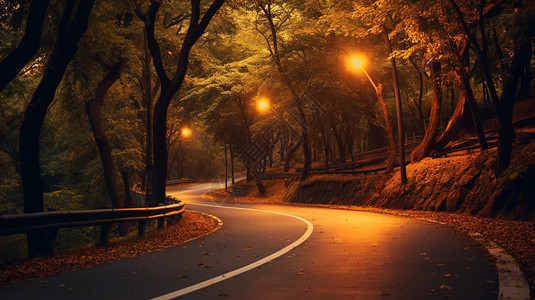 夜晚道路上的路灯图片