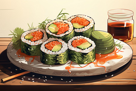 酱料盘寿司制作过程插画