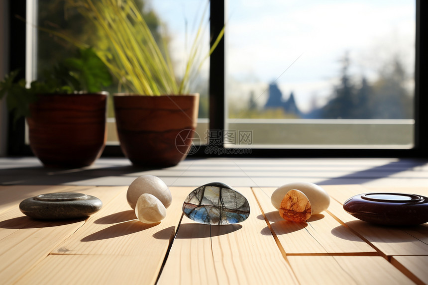 木桌上面的生态石头图片