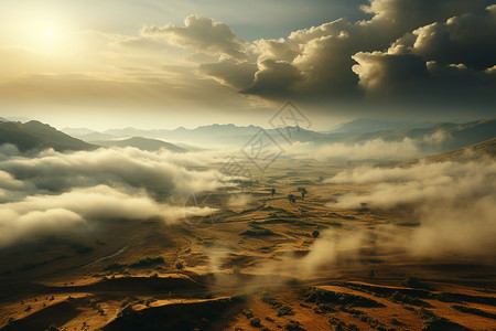 农田上空的雾气图片