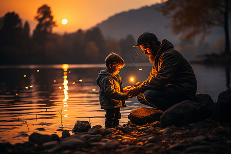 湖边钓鱼的父子图片