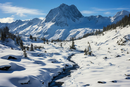 冰雪初融的雪山背景