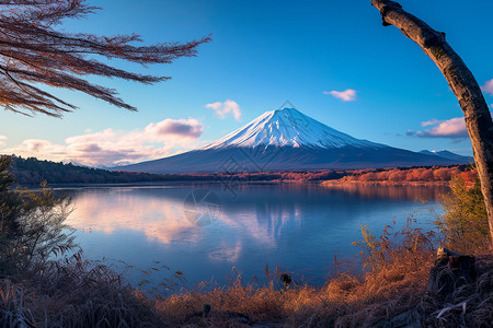 雪山下的湖泊背景图片