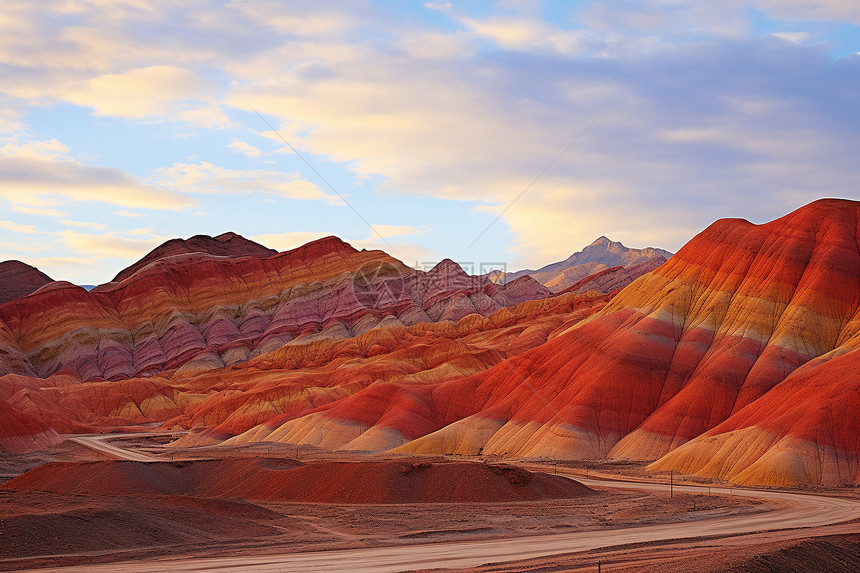 沙岩地貌下的彩色山脉图片
