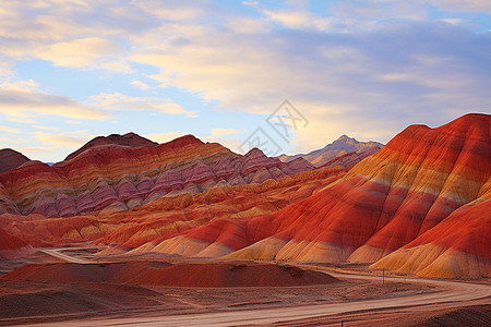 沙岩地貌下的彩色山脉图片