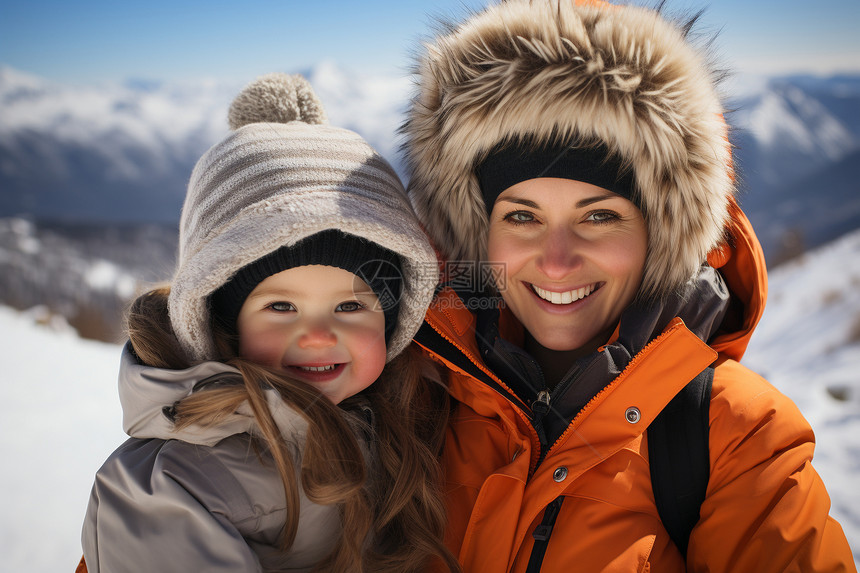 欢乐滑雪的母女图片