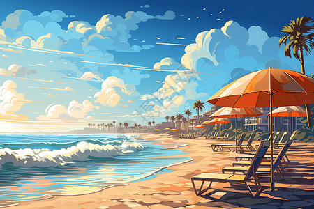 雨伞和云彩海滩场景插画