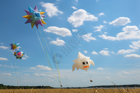 草地上飘扬着一群风筝图片