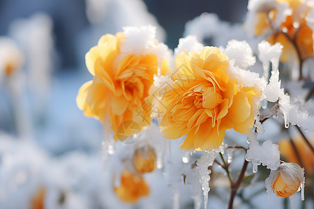 冬天树枝积雪冰雪中的花朵背景