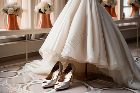 婚纱橱窗橱窗里展示的婚纱婚鞋背景