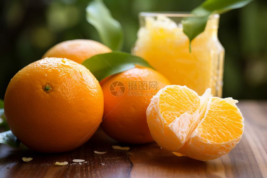 桌上的鲜榨橙汁和橙子图片