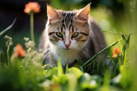 草丛中机灵的小猫图片
