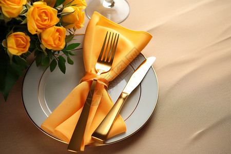 餐桌上的花和刀叉图片