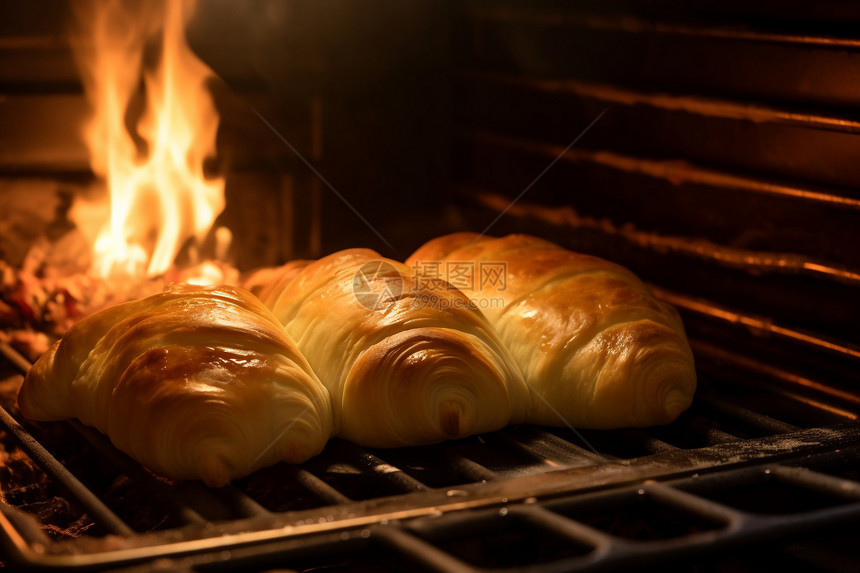 火焰炉中烘烤着面包图片