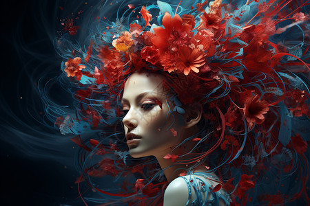 女人的头女人头发上戴着红色的花插画
