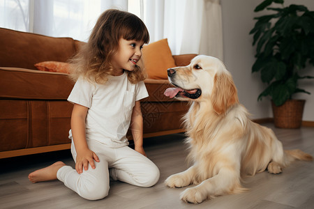 女孩跟狗狗玩耍背景图片