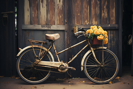 黄色房门一辆装满鲜花的自行车背景