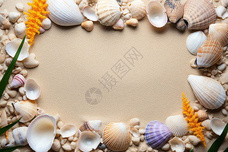 科技感圆形边框沙滩上的贝壳边框背景