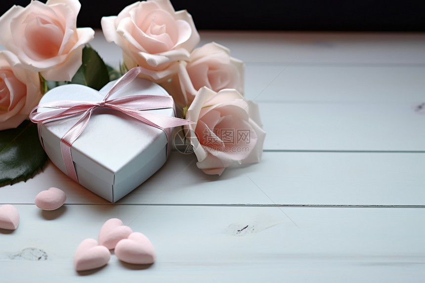 桌子上的玫瑰花和礼物盒图片