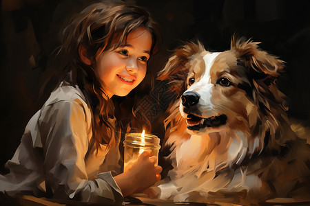 狗狗拿着画报小女孩拿着蜡烛依偎着小狗插画