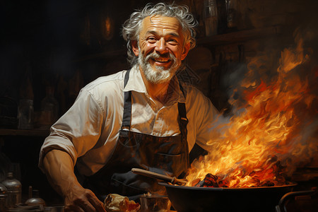 厨房炉灶旁的烹饪大师图片