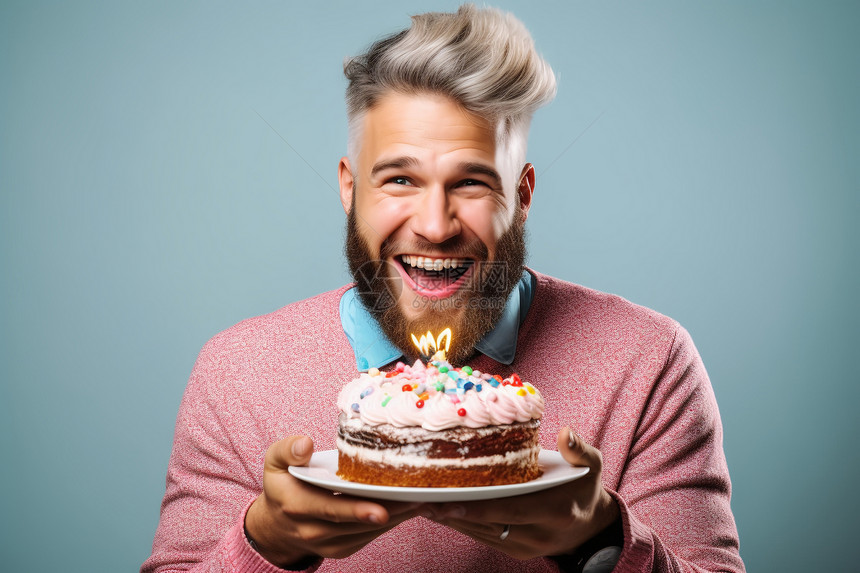 白发男人捧着生日蛋糕图片