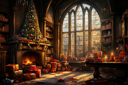 壁炉上的圣诞树和礼物背景图片