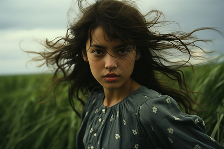 手绘迎风少女草原上迎风奔跑的女孩背景