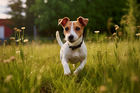 草地中开心奔跑的杰克罗素犬高清图片