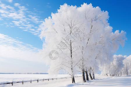 蓝天下结霜的树木图片